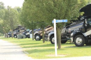 RVs parked along an alleyway in an RV Park